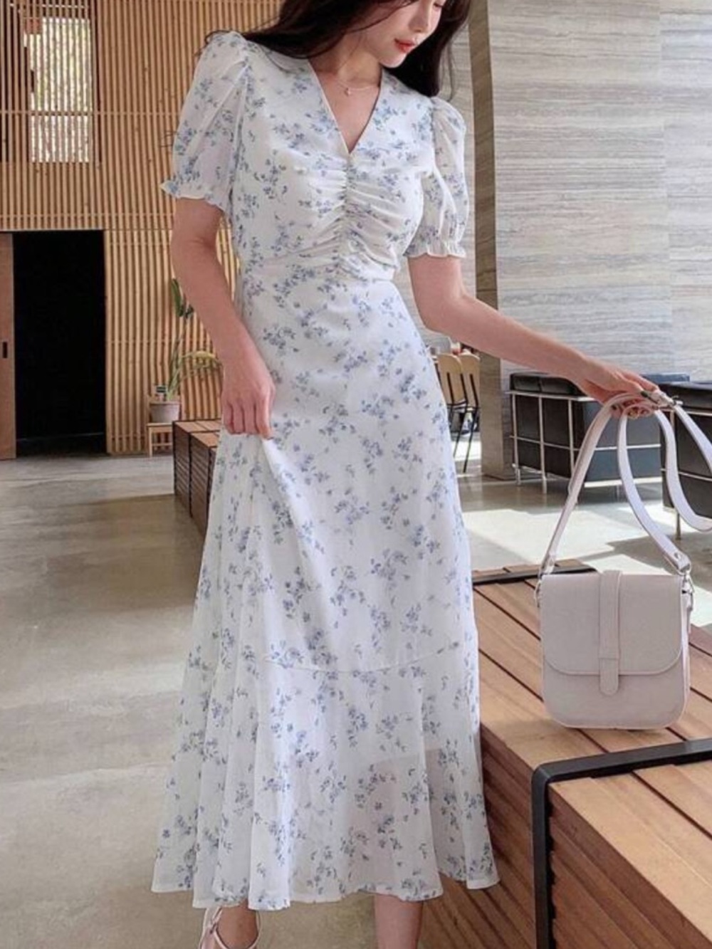 White Midi Dress with Blue Floral Print